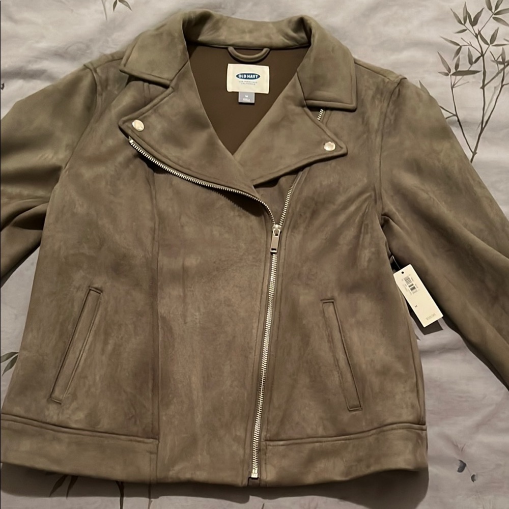 Old Navy Green Leather Jacket Asymmetrical Zip Notched Lapel